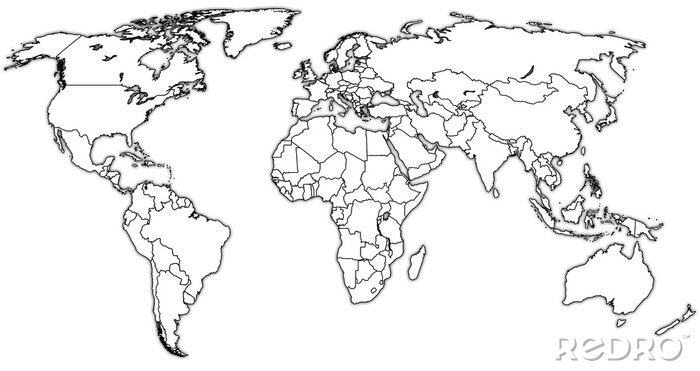 Canvas Wereldkaart zwarte en witte lijnen