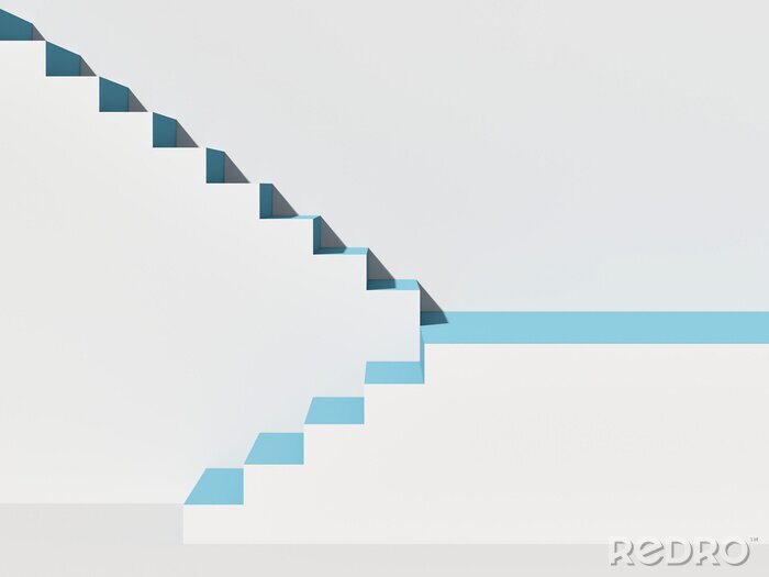 Canvas White and blue stairs on white background; abstract steps 3d rendering, 3d illustration