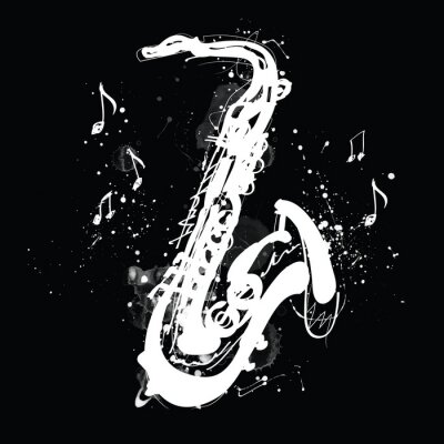 Canvas White silhouette of saxophone with grunge splashes on black background