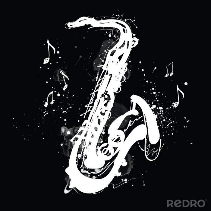 Canvas White silhouette of saxophone with grunge splashes on black background