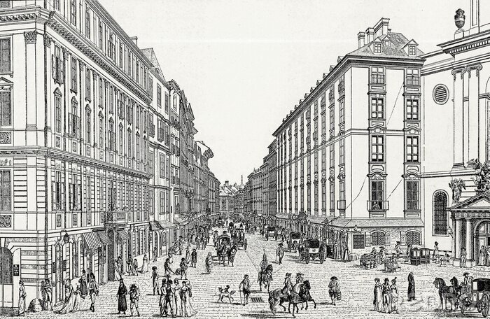 Canvas Wien, Kohlmarkt in de 18e eeuw., Koper gravure sjabloon