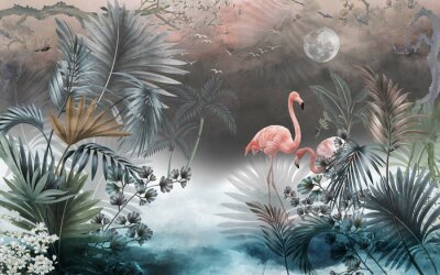 Wild landschap met flamingo's, de maan en het meer