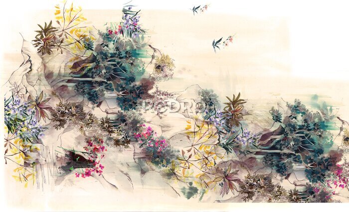Canvas Wild natuur struikgewas met bloemen