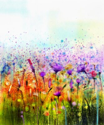 Canvas Wilde bloemen op een weide geschilderd met waterverf