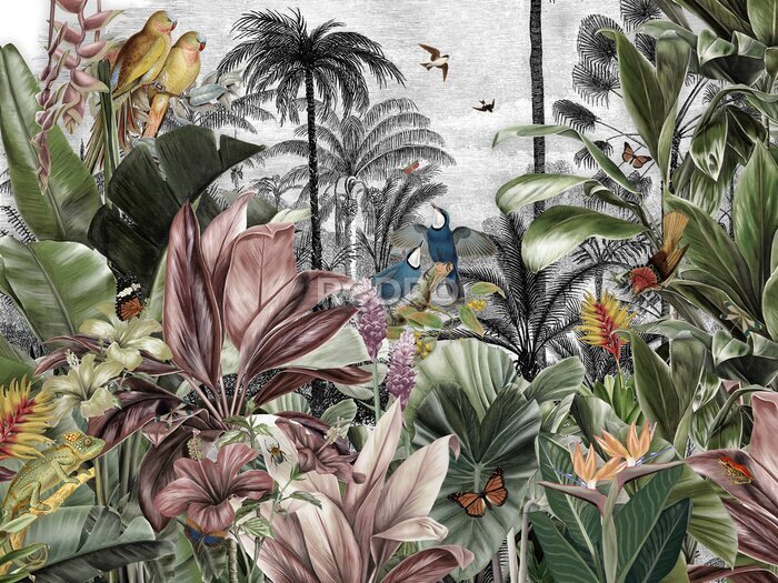 Canvas Wilde tuin en paradijsvogels