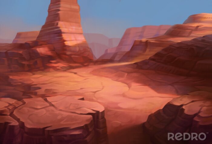 Canvas Wilde westen Texas woestijnlandschap met bergen van de canyon. Realistische cartoonstijl voor game-art en animatie.