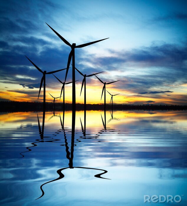 Canvas Windturbines in de weerspiegeling van water