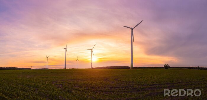 Canvas Windturbines windturbine windpark windenergie panoramisch zonsopgang backlight,