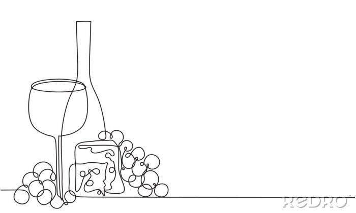 Canvas Wine glass, a bottle of wine and grapes. Still life. Sketch. Draw a continuous line. Decor. Vine and cheese
