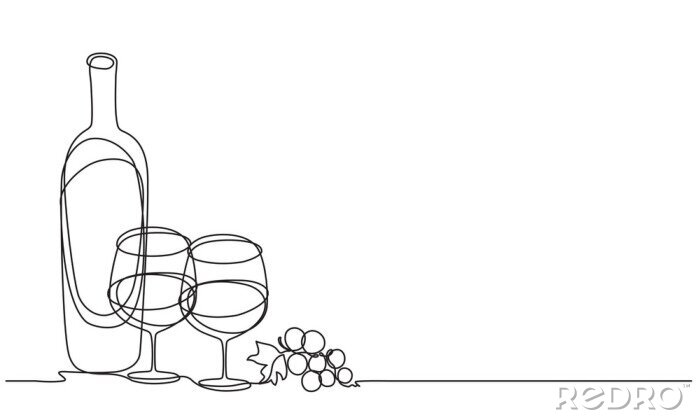 Canvas Wine glasses and bottle of wine. Vector. Continuous line drawing.