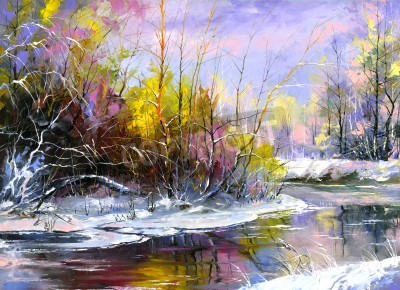 Canvas Winter landschap met de houten rivier