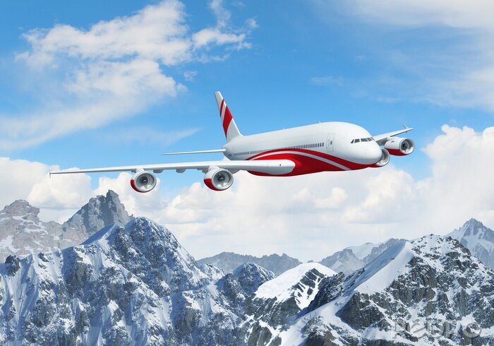 Canvas Wit passagiersvliegtuig boven de bergen