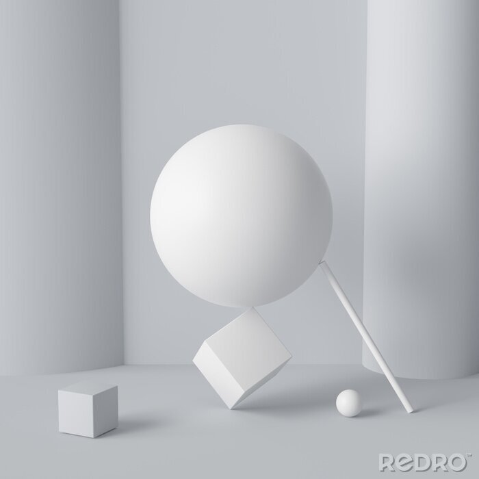 Canvas Witte abstractie met een bol en een kubus