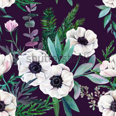 Canvas Witte anemonen en bladeren op paarse achtergrond. Waterverf naadloos patroon, volledige kleur, hand getrokken illustratie.