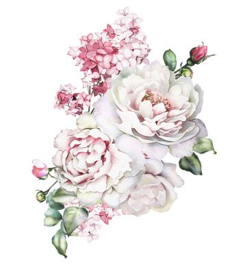 Witte pioenrozen en roze hortensia in een boeket