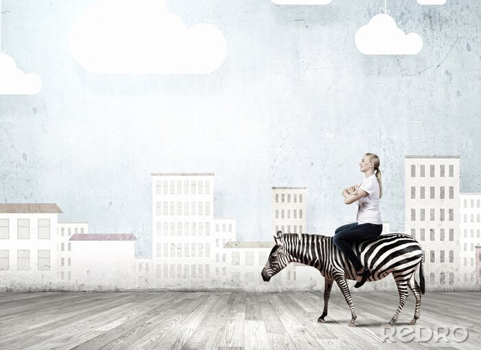 Canvas Woman ride zebra