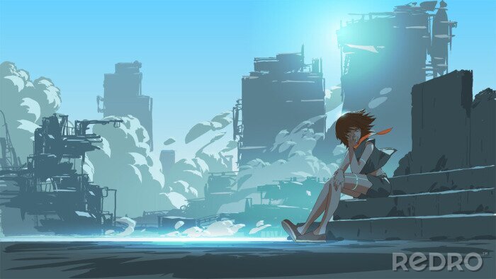 Canvas woman sitting outside against the futuristic city scene in the background, vector illustration