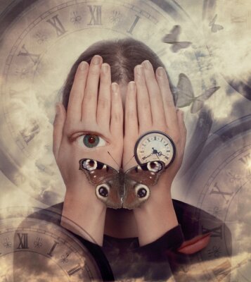 Canvas Woman with hands on face and symbols: butterfly, clock. Surreal