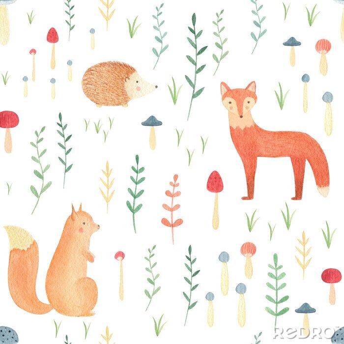 Canvas Woodland seamless pattern with watercolor hand drawn animals. Cute fox, squirrel, bear, rabbit with forest leaves and mushrooms on white background. Perfect summer print for kids, infants, nursery.