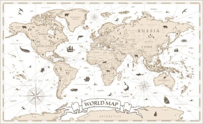 Fotobehang World Map Vintage Cartoon Detailed - vector