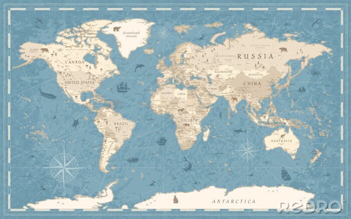 Canvas World Map Vintage Old-Style - vector - blue and beige