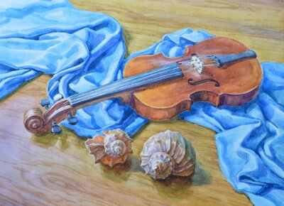 Canvas Натюрморт, акварель. Скрипка и морские раковины.