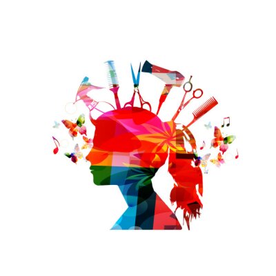 Canvas Kleurrijk vrouwelijk silhouet met geÃ¯soleerde kappersgereedschap. Vrouw hoofd met kam, schaar, sprayer, haarborstel en droger vector illustratie