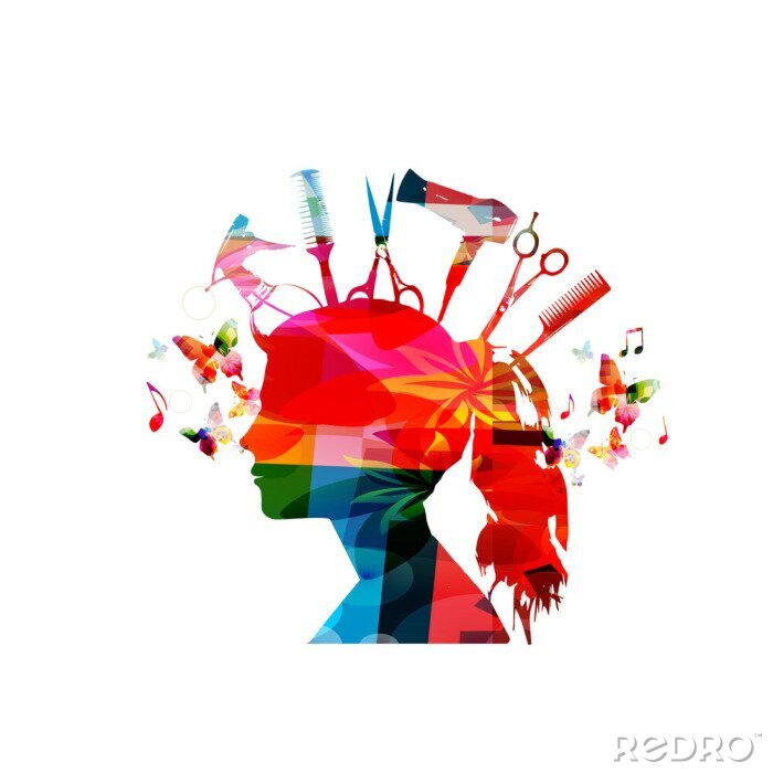 Canvas Kleurrijk vrouwelijk silhouet met geÃ¯soleerde kappersgereedschap. Vrouw hoofd met kam, schaar, sprayer, haarborstel en droger vector illustratie