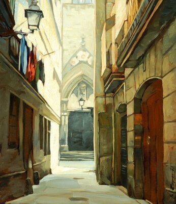straat in de Gotische wijk van Barcelona, ​​illustratie, schilderen