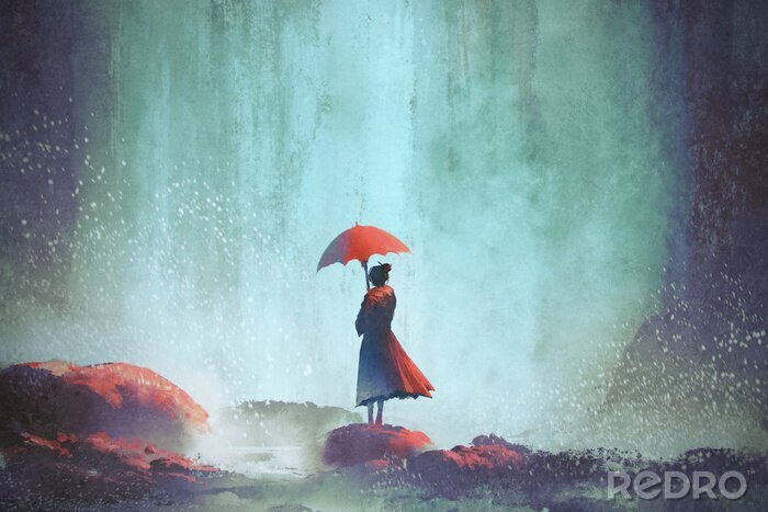 Canvas vrouw met een paraplu staan ​​tegen een waterval, illustratie painting
