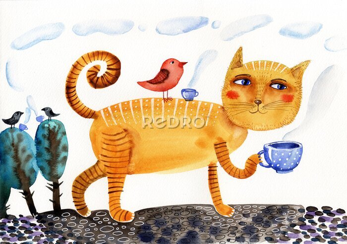 Canvas yellow tabby cat and bird