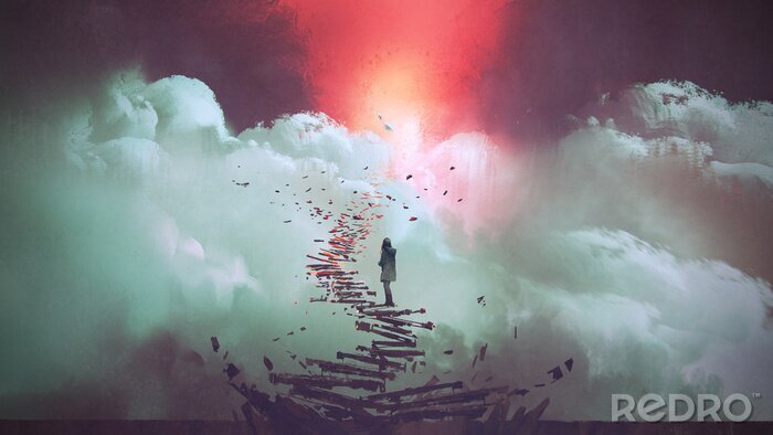Canvas young woman standing on broken stairs leading up to sky, digital art style, illustration painting