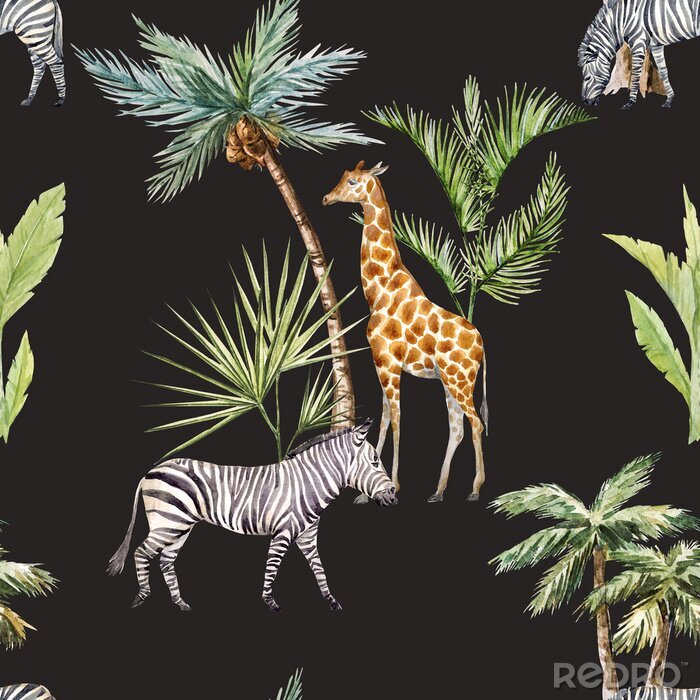Canvas Zebra giraffen en palmbomen