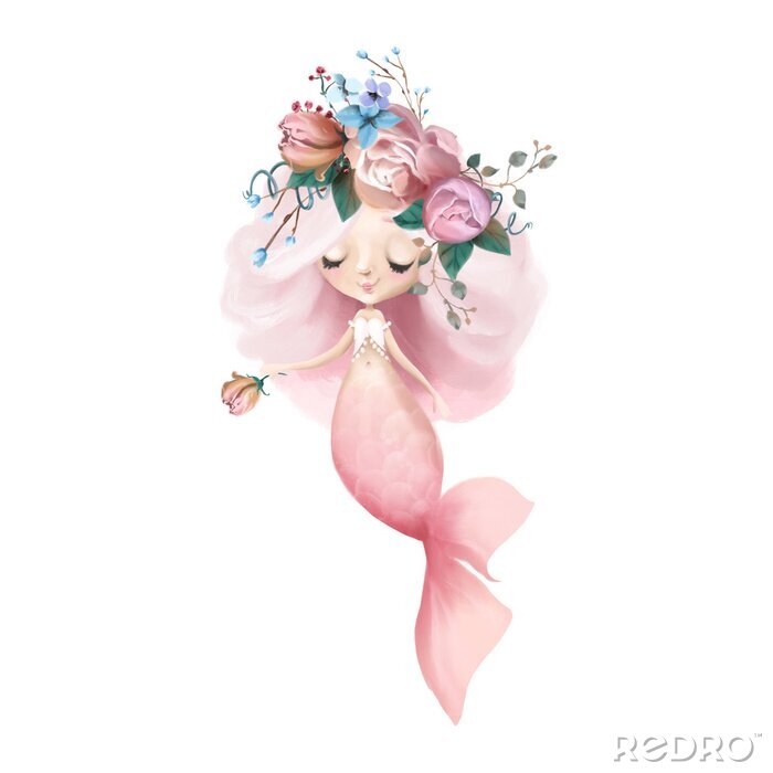 Canvas Zeemeermin met een roze staart en een roos in haar hand