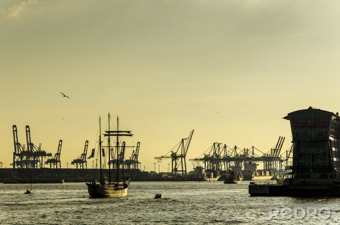 Canvas Zeilschip op de containerterminal in de haven van Hamburg
