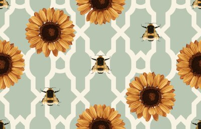 Zonnebloemen en bijen op een abstracte achtergrond