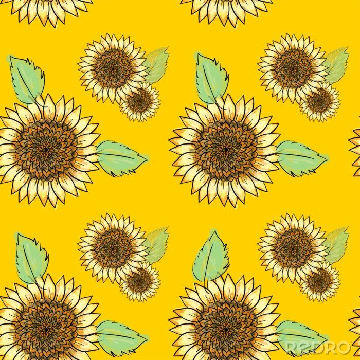 Canvas Zonnebloemen getekend op een gele achtergrond