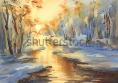 Canvas Zonnige aquarel winterlandschap