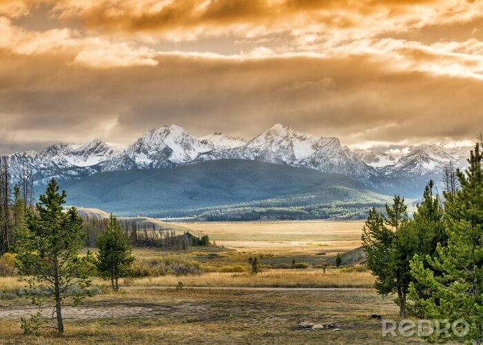 Canvas Zonsondergang boven de bergen in Idaho