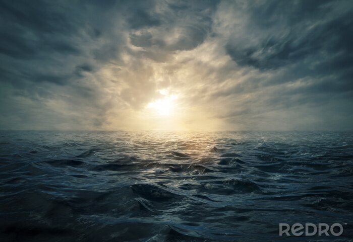 Canvas Zonsondergang over de stormachtige zee