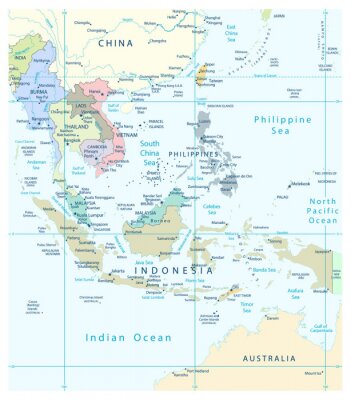 Canvas Zuidoost-Azië gedetailleerde kaart