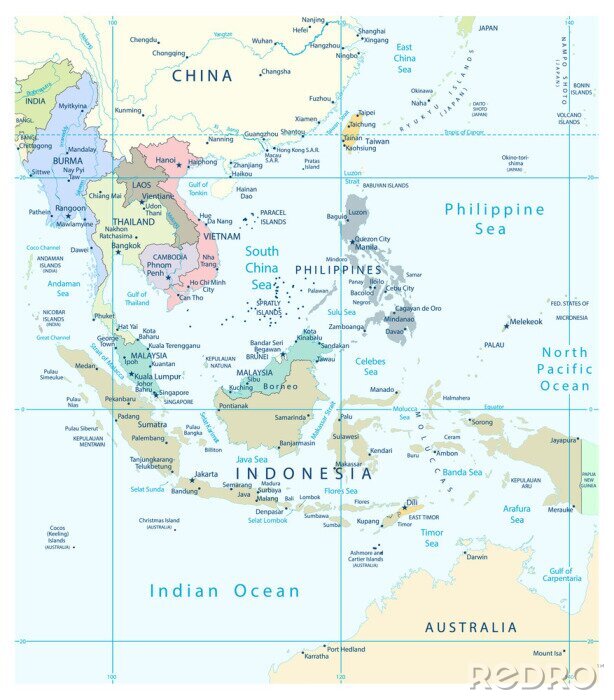 Canvas Zuidoost-Azië gedetailleerde kaart