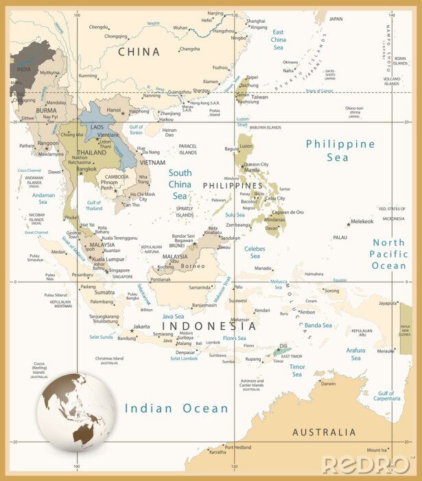 Canvas Zuidoost-Azië gedetailleerde kaart Retro Kleuren