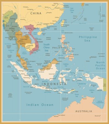 Canvas Zuidoost-Azië Kaart Gedetailleerde Vintage Kleuren