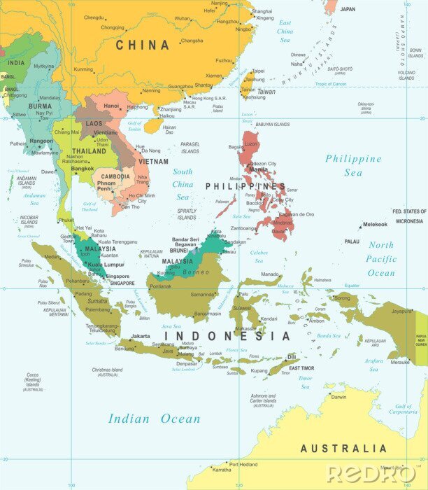 Canvas Zuidoost-Azië - kaart - illustratie. Zuidoost-Azië kaart - zeer gedetailleerde vector illustratie.