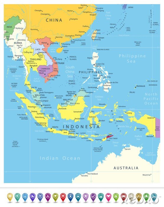 Canvas Zuidoost-Azië Politieke Kaart en navigatiepictogrammen
