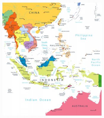 Canvas Zuidoost-Azië Politieke Kaart Geïsoleerd Op White