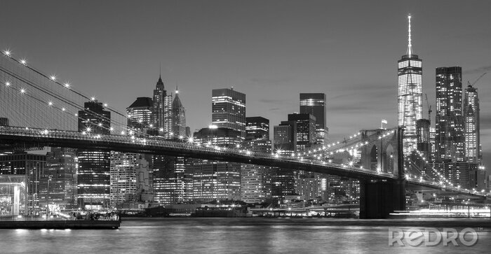 Canvas Zwart en wit Manhattan aan het water 's nachts, NYC.