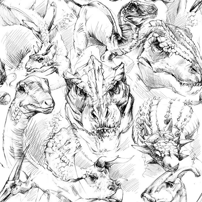Canvas Zwart-wit motief met dinosaurussen