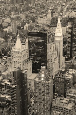 Zwart-wit weergave van Manhattan vanuit een helikopter